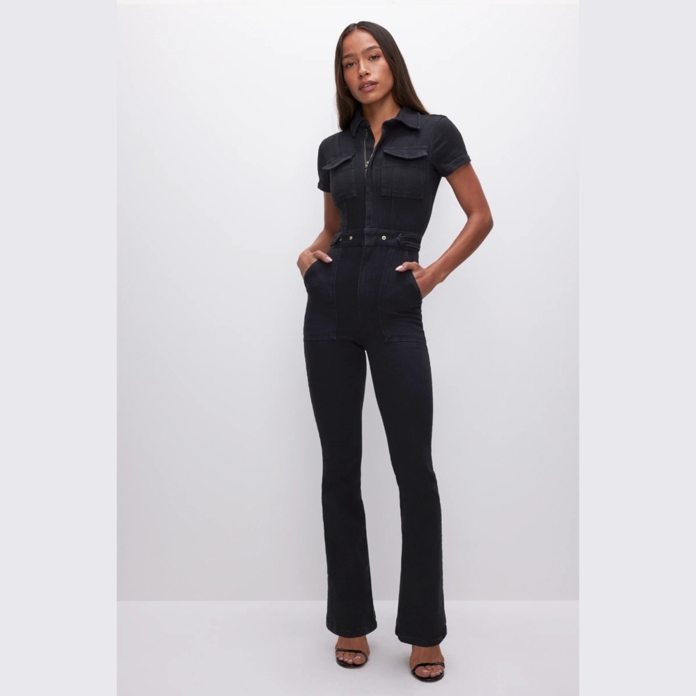 GOOD AMERICAN Fit for Success Bootcut Jumpsuit in Black—Size Large